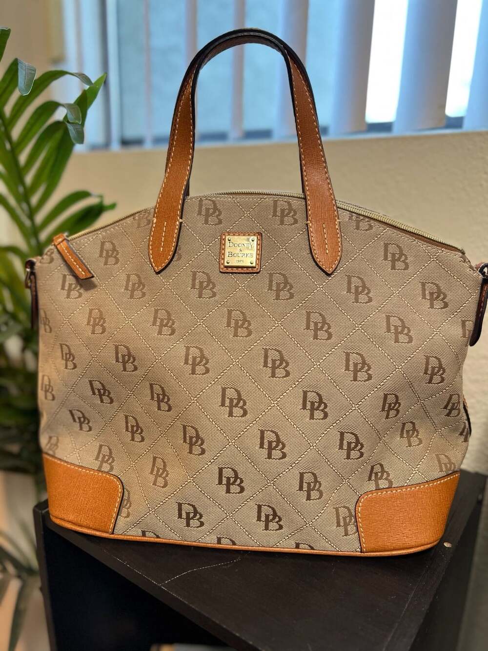 Dooney & Bourke Quilted Monogram Domed Satchel Bag Brown Tan